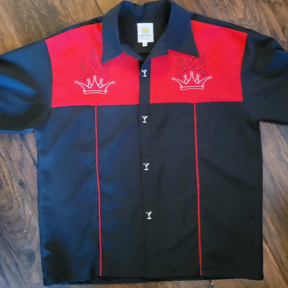 Mens rockabilly red & black martini button bowling shirt crown & flames